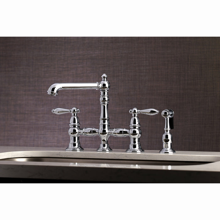 English Country KS7271ALBS Two-Handle 4-Hole Deck Mount Bridge Kitchen Faucet with Side Sprayer, Polished Chrome
