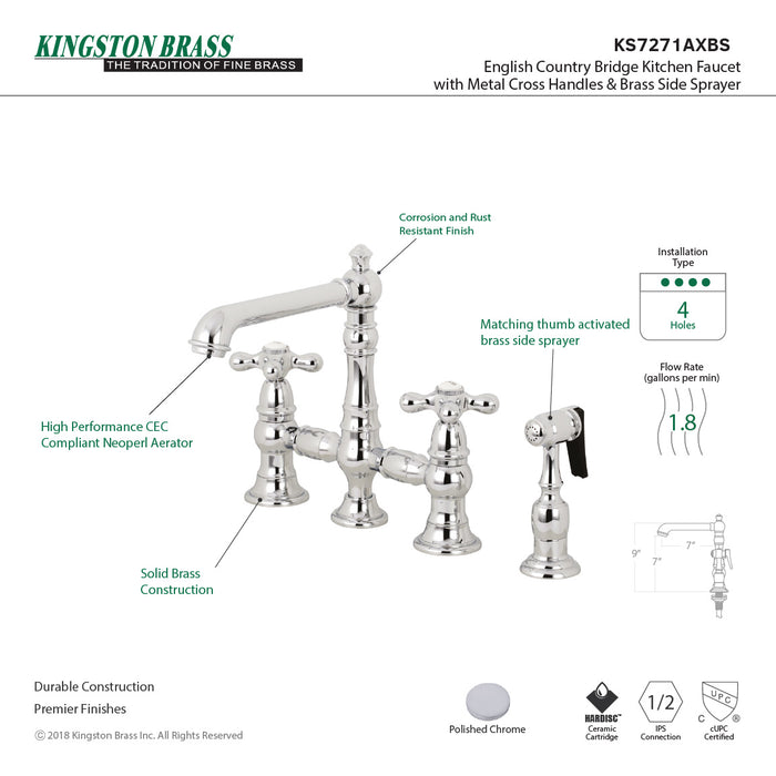 English Country KS7271AXBS Two-Handle 4-Hole Deck Mount Bridge Kitchen Faucet with Side Sprayer, Polished Chrome