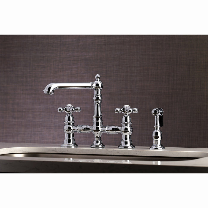 Kingston Tulare KS7271AXBS - English Country Two-Handle 4-Hole Deck Mount Bridge Kitchen Faucet with Brass Sprayer, Polished Chrome