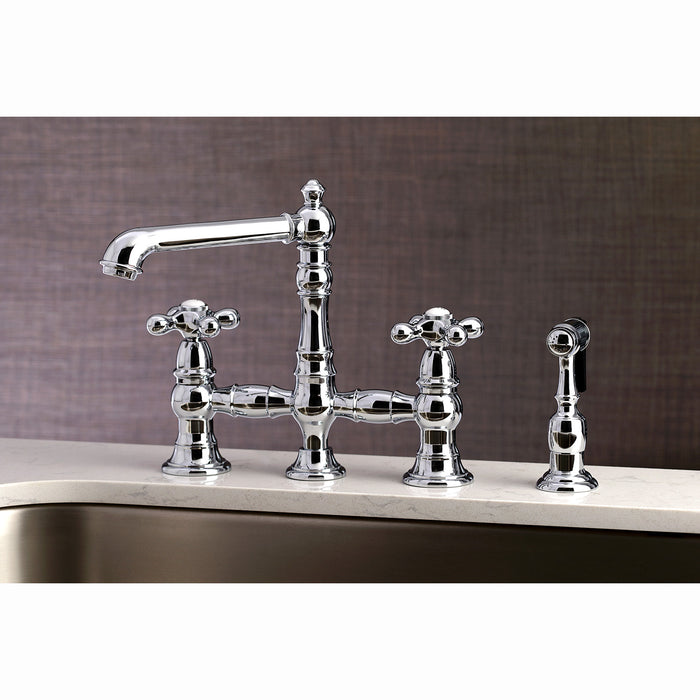 Kingston Tulare KS7271AXBS - English Country Two-Handle 4-Hole Deck Mount Bridge Kitchen Faucet with Brass Sprayer, Polished Chrome