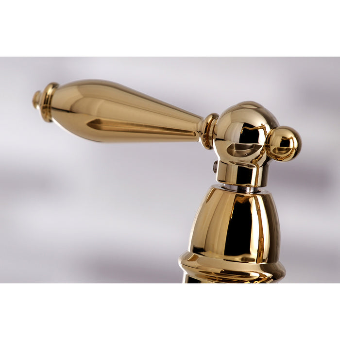 English Country KS7272ALBS Two-Handle 4-Hole Deck Mount Bridge Kitchen Faucet with Side Sprayer, Polished Brass