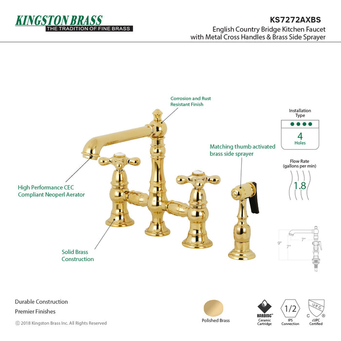 Kingston Tulare KS7272AXBS - English Country Two-Handle 4-Hole Deck Mount Bridge Kitchen Faucet with Brass Sprayer, Polished Brass