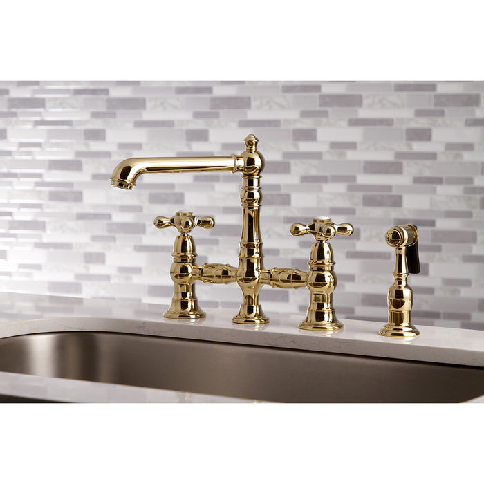 Kingston Tulare KS7272AXBS - English Country Two-Handle 4-Hole Deck Mount Bridge Kitchen Faucet with Brass Sprayer, Polished Brass