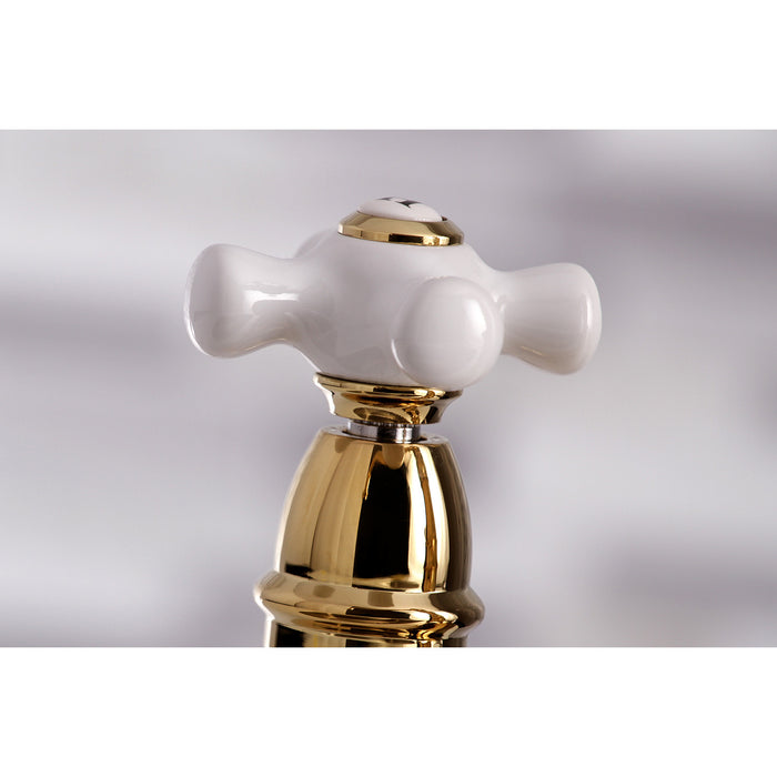 Kingston Tulare KS7272PXBS - English Country Two-Handle 4-Hole Deck Mount Bridge Kitchen Faucet with Brass Sprayer, Polished Brass