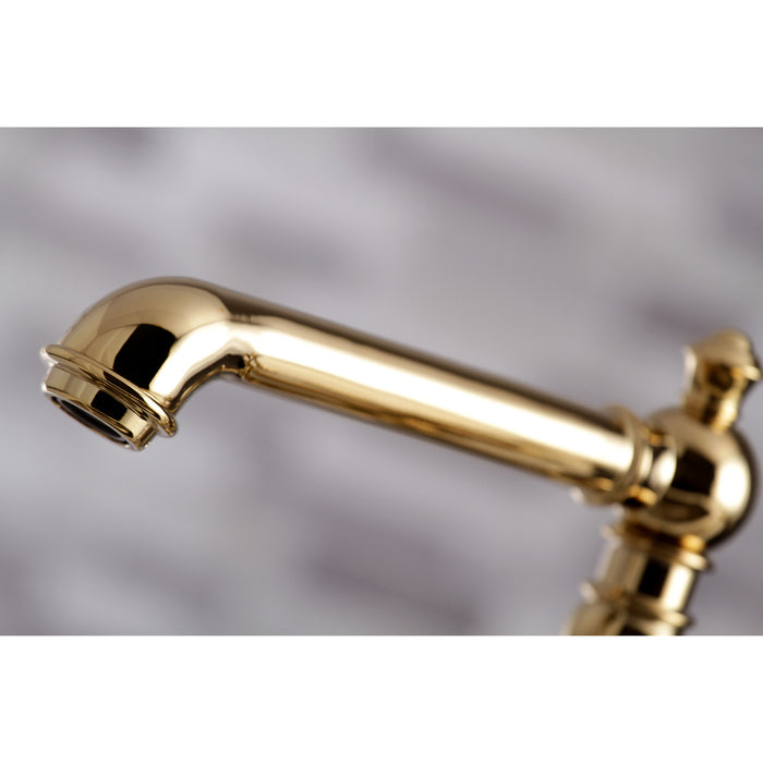 Kingston Tulare KS7272PXBS - English Country Two-Handle 4-Hole Deck Mount Bridge Kitchen Faucet with Brass Sprayer, Polished Brass