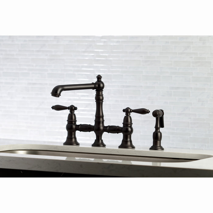 English Country KS7275ALBS Two-Handle 4-Hole Deck Mount Bridge Kitchen Faucet with Side Sprayer, Oil Rubbed Bronze