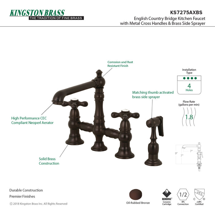 English Country KS7275AXBS Two-Handle 4-Hole Deck Mount Bridge Kitchen Faucet with Side Sprayer, Oil Rubbed Bronze