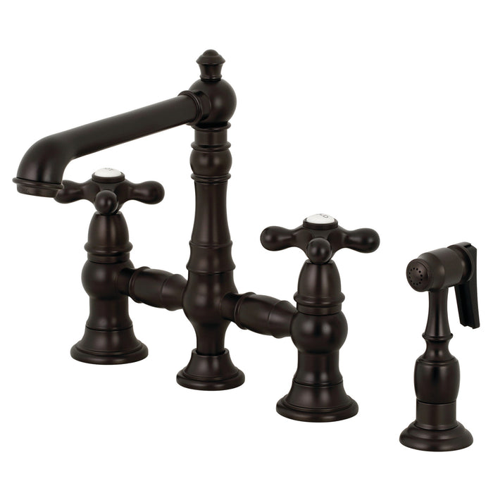 English Country KS7275AXBS Two-Handle 4-Hole Deck Mount Bridge Kitchen Faucet with Side Sprayer, Oil Rubbed Bronze