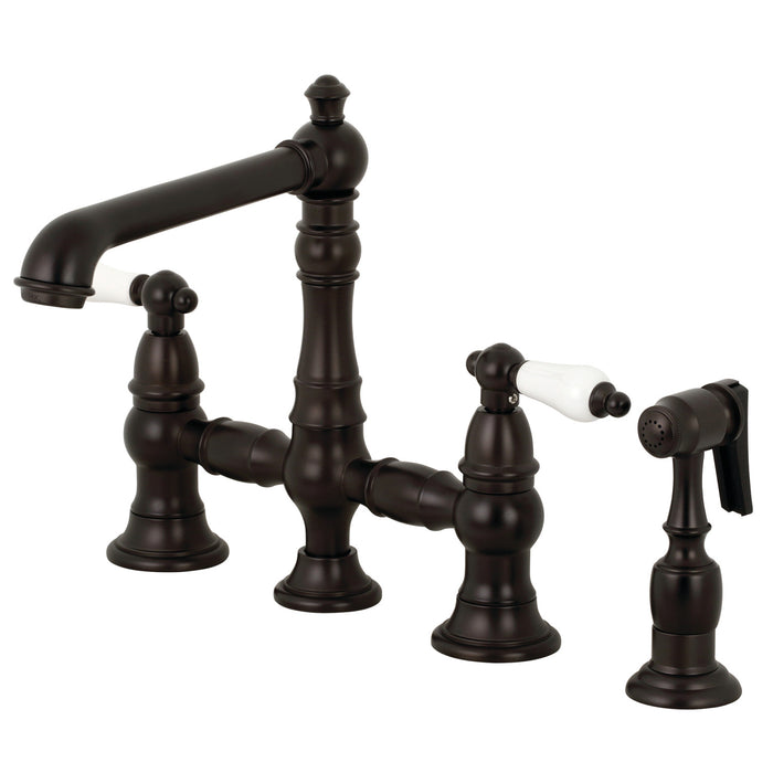English Country KS7275PLBS Two-Handle 4-Hole Deck Mount Bridge Kitchen Faucet with Side Sprayer, Oil Rubbed Bronze