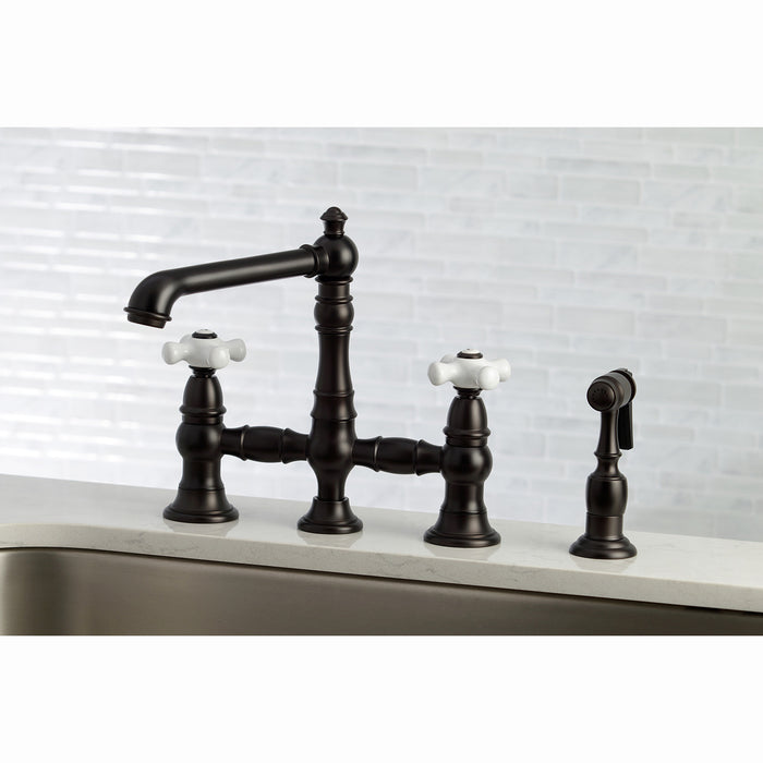 English Country KS7275PXBS Two-Handle 4-Hole Deck Mount Bridge Kitchen Faucet with Side Sprayer, Oil Rubbed Bronze