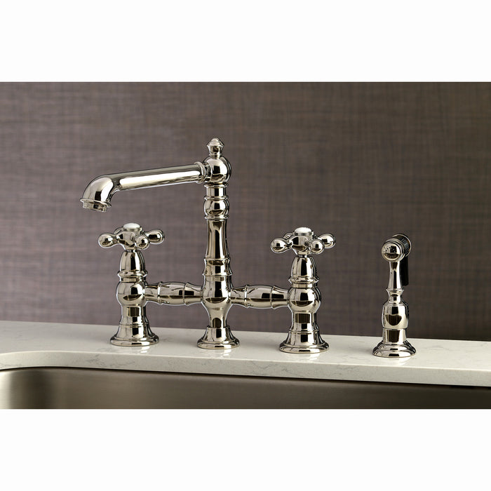 Kingston Tulare KS7276AXBS - English Country Two-Handle 4-Hole Deck Mount Bridge Kitchen Faucet with Brass Sprayer, Polished Nickel