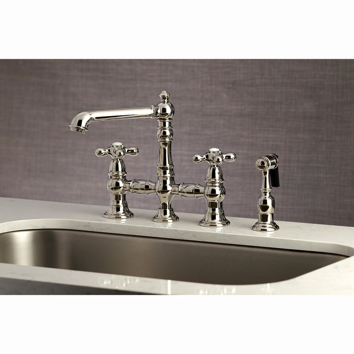 Kingston Tulare KS7276AXBS - English Country Two-Handle 4-Hole Deck Mount Bridge Kitchen Faucet with Brass Sprayer, Polished Nickel