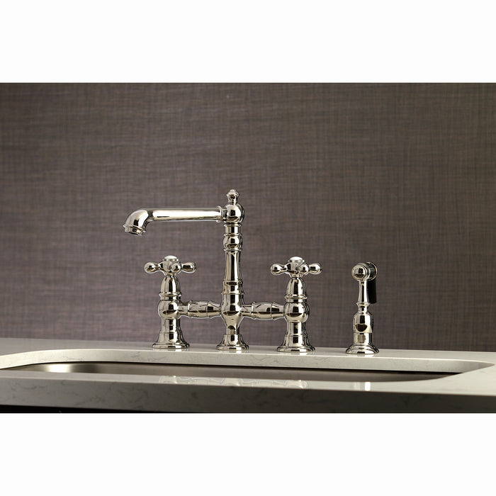 Kingston Tulare KS7276AXBS - English Country Two-Handle 4-Hole Deck Mount Bridge Kitchen Faucet with Brass Sprayer, Polished Nickel