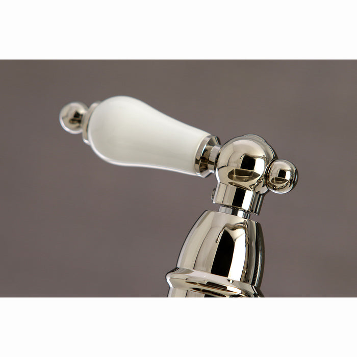 English Country KS7276PLBS Two-Handle 4-Hole Deck Mount Bridge Kitchen Faucet with Side Sprayer, Polished Nickel