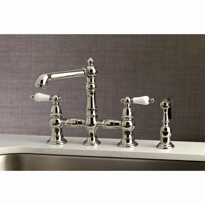 English Country KS7276PLBS Two-Handle 4-Hole Deck Mount Bridge Kitchen Faucet with Side Sprayer, Polished Nickel