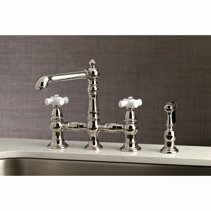 English Country KS7276PXBS Two-Handle 4-Hole Deck Mount Bridge Kitchen Faucet with Side Sprayer, Polished Nickel