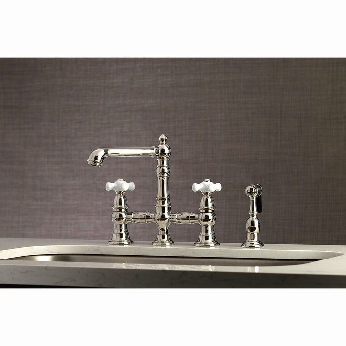 English Country KS7276PXBS Two-Handle 4-Hole Deck Mount Bridge Kitchen Faucet with Side Sprayer, Polished Nickel
