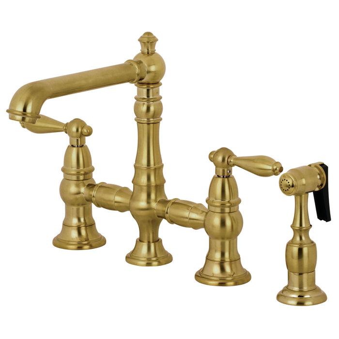 English Country KS7277ALBS Two-Handle 4-Hole Deck Mount Bridge Kitchen Faucet with Side Sprayer, Brushed Brass