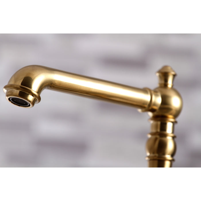 English Country KS7277AXBS Two-Handle 4-Hole Deck Mount Bridge Kitchen Faucet with Side Sprayer, Brushed Brass