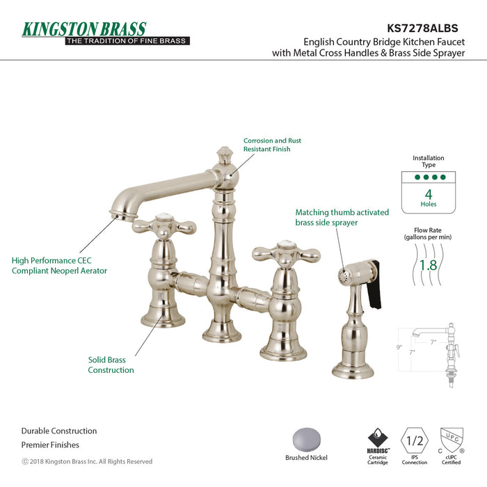 Kingston Tulare KS7278AXBS - English Country Two-Handle 4-Hole Deck Mount Bridge Kitchen Faucet with Brass Sprayer, Brushed Nickel