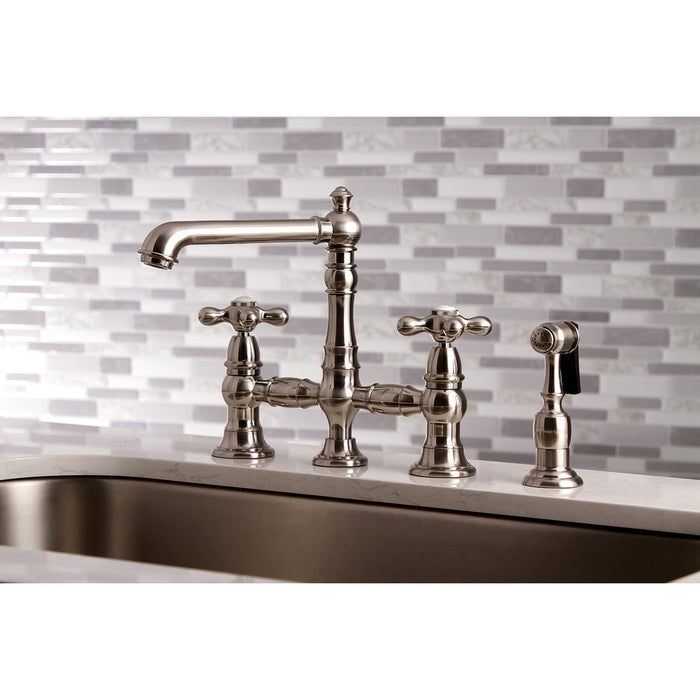 Kingston Tulare KS7278AXBS - English Country Two-Handle 4-Hole Deck Mount Bridge Kitchen Faucet with Brass Sprayer, Brushed Nickel