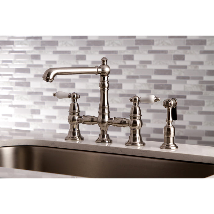 English Country KS7278PLBS Two-Handle 4-Hole Deck Mount Bridge Kitchen Faucet with Side Sprayer, Brushed Nickel