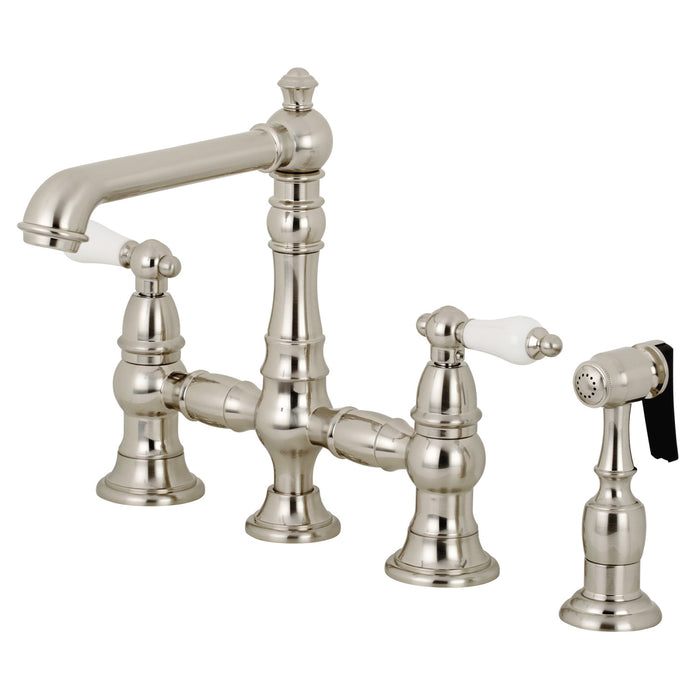 English Country KS7278PLBS Two-Handle 4-Hole Deck Mount Bridge Kitchen Faucet with Side Sprayer, Brushed Nickel