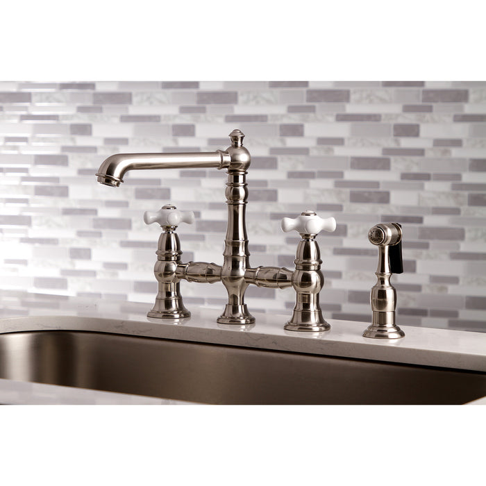 Kingston Tulare KS7278PXBS - English Country Two-Handle 4-Hole Deck Mount Bridge Kitchen Faucet with Brass Sprayer, Brushed Nickel