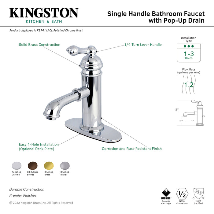 American Classic KS7411ACL Single-Handle 1-Hole Deck Mount Bathroom Faucet with Brass Pop-Up, Polished Chrome