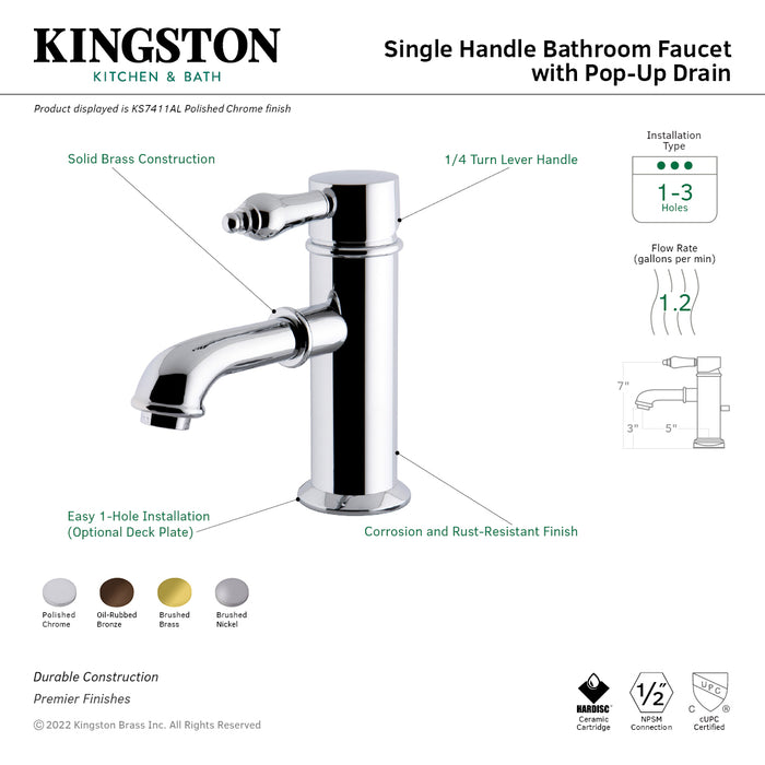 Paris KS7417AL Single-Handle 1-Hole Deck Mount Bathroom Faucet with Brass Pop-Up, Brushed Brass