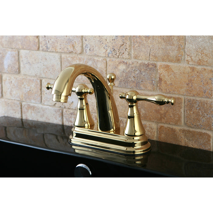Normandy KS7612NL Two-Handle 3-Hole Deck Mount 4" Centerset Bathroom Faucet with Brass Pop-Up, Polished Brass