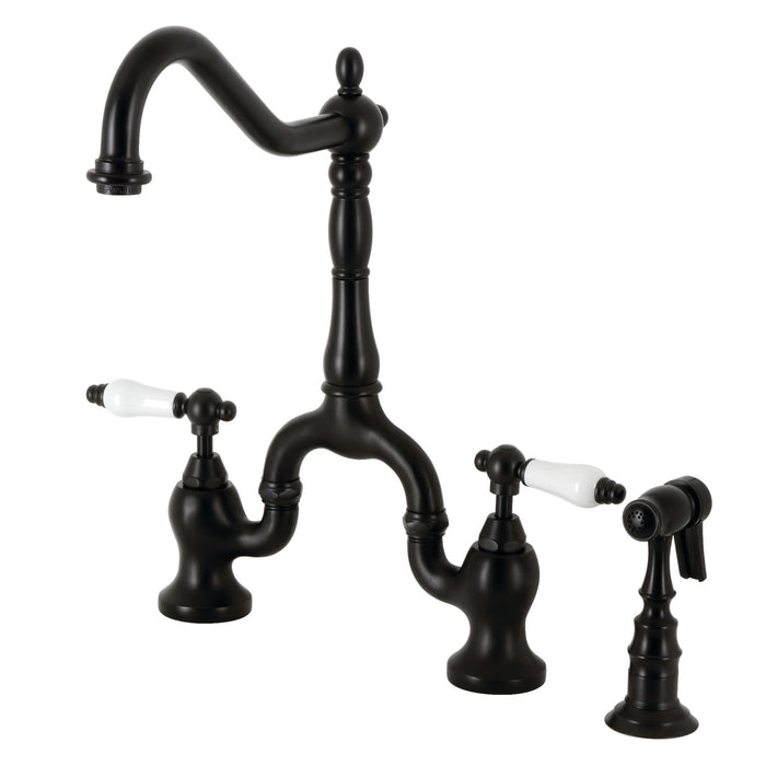English Country KS7750PLBS Two-Handle 3-Hole Deck Mount Bridge Kitchen Faucet with Brass Sprayer, Matte Black