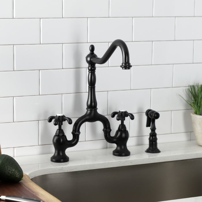 French Country KS7750TXBS Two-Handle 3-Hole Deck Mount Bridge Kitchen Faucet with Brass Sprayer, Matte Black