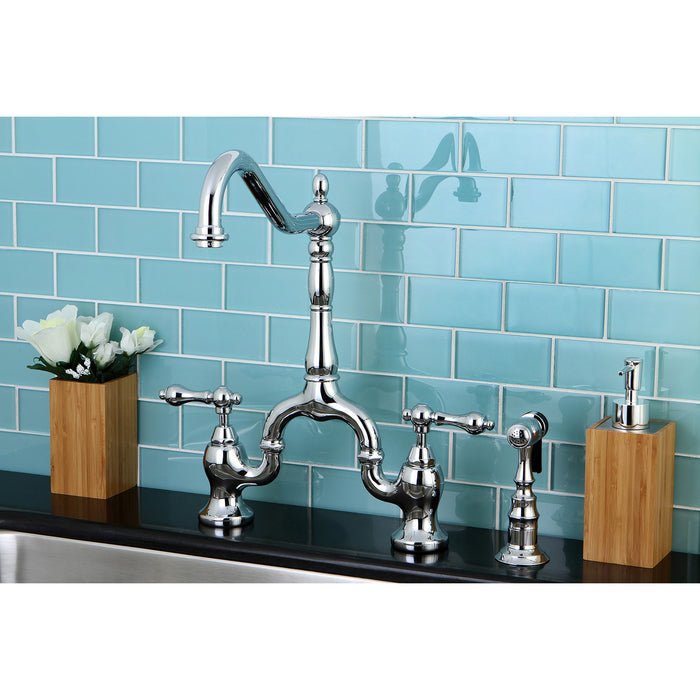 English Country KS7751ALBS Two-Handle 3-Hole Deck Mount Bridge Kitchen Faucet with Brass Sprayer, Polished Chrome
