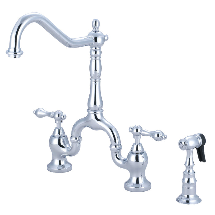 English Country KS7751ALBS Two-Handle 3-Hole Deck Mount Bridge Kitchen Faucet with Brass Sprayer, Polished Chrome