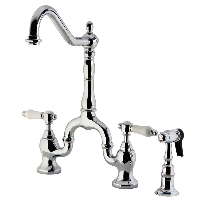 Bel-Air KS7751BPLBS Two-Handle 3-Hole Deck Mount Bridge Kitchen Faucet with Brass Sprayer, Polished Chrome