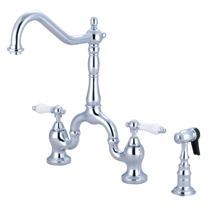 English Country KS7751PLBS Two-Handle 3-Hole Deck Mount Bridge Kitchen Faucet with Brass Sprayer, Polished Chrome