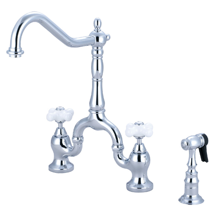English Country KS7751PXBS Two-Handle 3-Hole Deck Mount Bridge Kitchen Faucet with Brass Sprayer, Polished Chrome