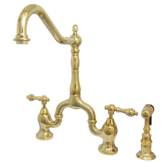 English Country KS7752ALBS Two-Handle 3-Hole Deck Mount Bridge Kitchen Faucet with Brass Sprayer, Polished Brass
