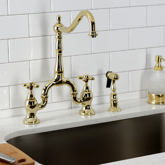 English Country KS7752AXBS Two-Handle 3-Hole Deck Mount Bridge Kitchen Faucet with Brass Sprayer, Polished Brass