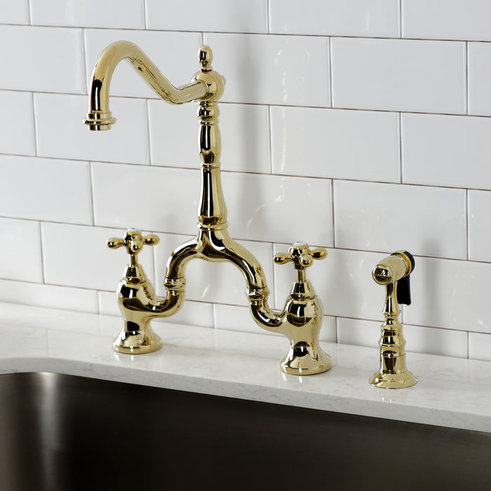 English Country KS7752AXBS Two-Handle 3-Hole Deck Mount Bridge Kitchen Faucet with Brass Sprayer, Polished Brass