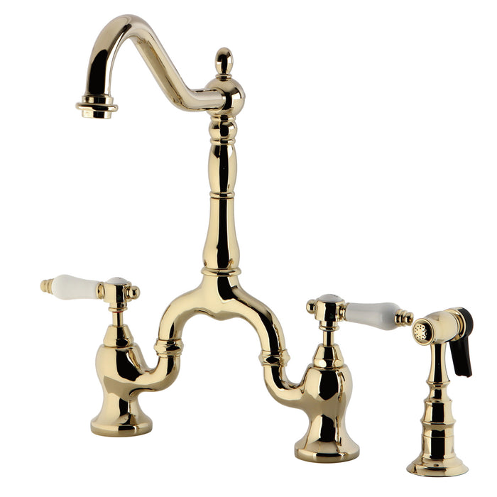 Bel-Air KS7752BPLBS Two-Handle 3-Hole Deck Mount Bridge Kitchen Faucet with Brass Sprayer, Polished Brass