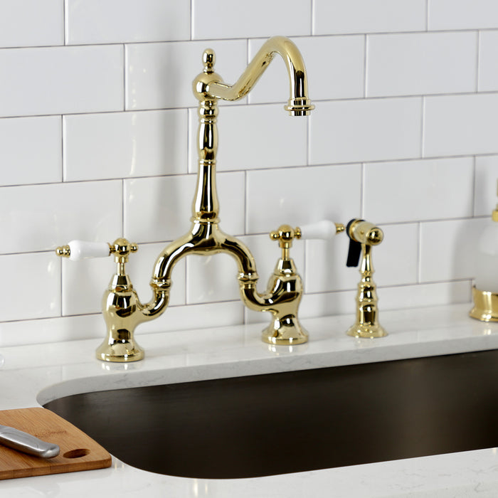 English Country KS7752PLBS Two-Handle 3-Hole Deck Mount Bridge Kitchen Faucet with Brass Sprayer, Polished Brass