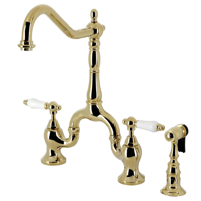 English Country KS7752PLBS Two-Handle 3-Hole Deck Mount Bridge Kitchen Faucet with Brass Sprayer, Polished Brass
