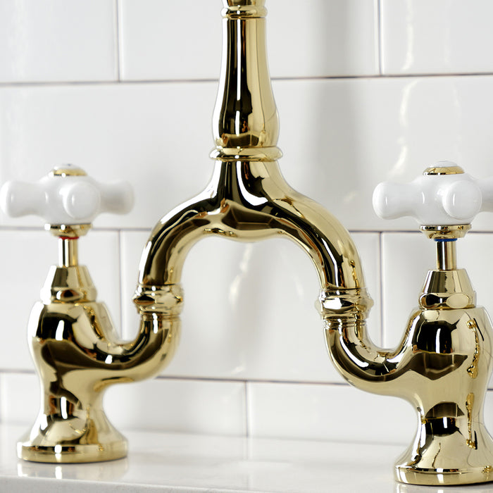 English Country KS7752PXBS Two-Handle 3-Hole Deck Mount Bridge Kitchen Faucet with Brass Sprayer, Polished Brass