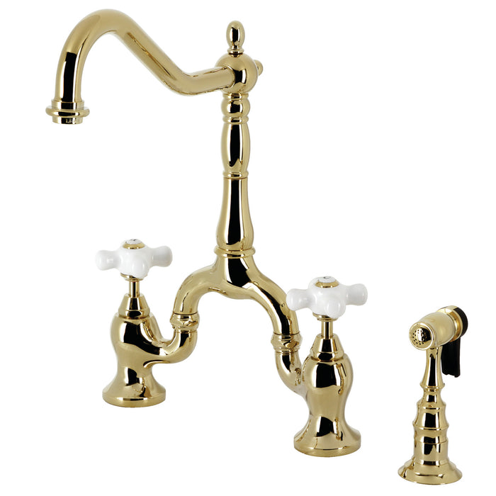English Country KS7752PXBS Two-Handle 3-Hole Deck Mount Bridge Kitchen Faucet with Brass Sprayer, Polished Brass