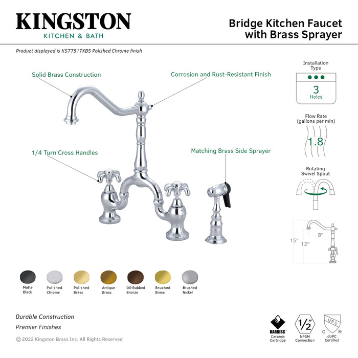 Kingston Heirloom KS7752TXBS - French Country Two-Handle 3-Hole Deck Mount Bridge Kitchen Faucet with Brass Sprayer, Polished Brass