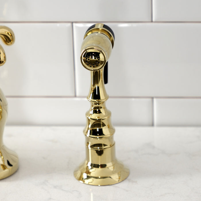 Kingston Heirloom KS7752TXBS - French Country Two-Handle 3-Hole Deck Mount Bridge Kitchen Faucet with Brass Sprayer, Polished Brass
