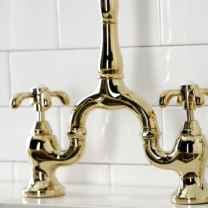 French Country KS7752TXBS Two-Handle 3-Hole Deck Mount Bridge Kitchen Faucet with Brass Sprayer, Polished Brass
