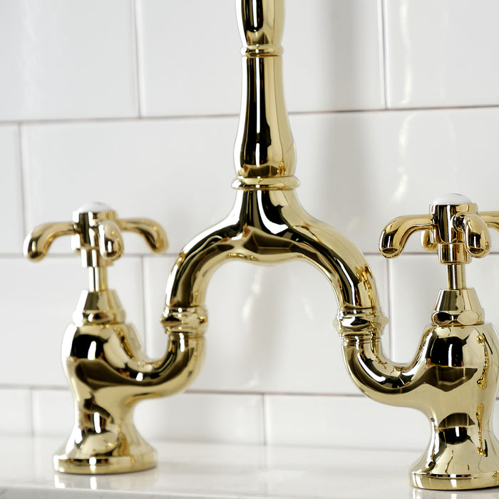 Kingston Heirloom KS7752TXBS - French Country Two-Handle 3-Hole Deck Mount Bridge Kitchen Faucet with Brass Sprayer, Polished Brass